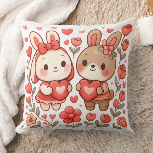Romantic Bunny Couple Decorative Pillow クッション (ブランケット)