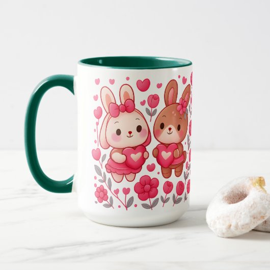 Romantic Bunny Couple Heart Ceramic Mug マグカップ (ドーナツ付き)