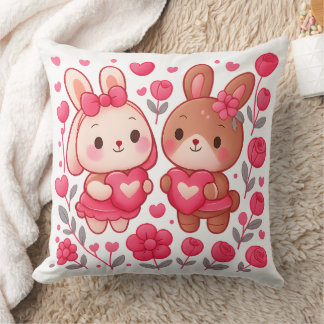 Romantic Bunny Couple Heart Throw Pillow クッション