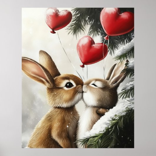 Romantic Bunny Couple Valentine Wall Art ポスター (正面)