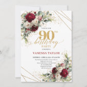Romantic Burgundy and White Floral 90th Birthday  招待状 (正面)