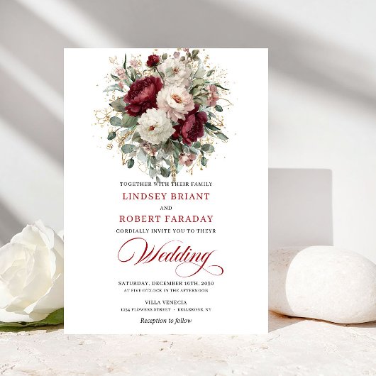 Romantic Burgundy and White Flowers Wedding Invite 招待状