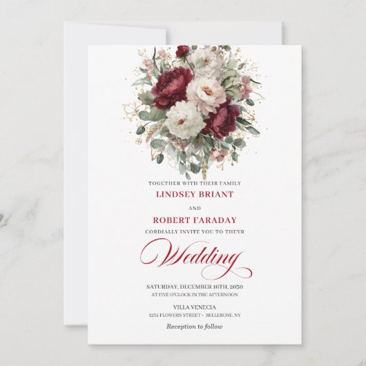 Romantic Burgundy and White Flowers Wedding Invite 招待状 (正面)