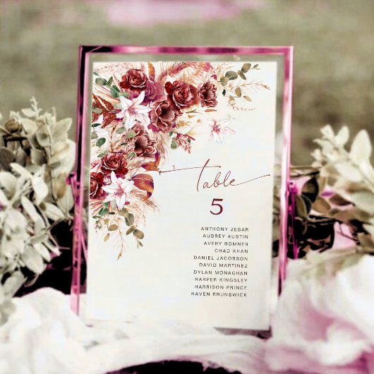 Romantic Burgundy Blush Floral Wedding Table No ノートカード
