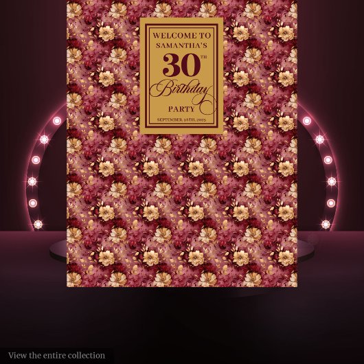 Romantic Burgundy Blush Gold 30th Birthday Banner タペストリー