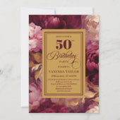 Romantic burgundy blush gold roses 50th birthday  招待状 (正面)