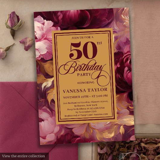 Romantic burgundy blush gold roses 50th birthday  招待状