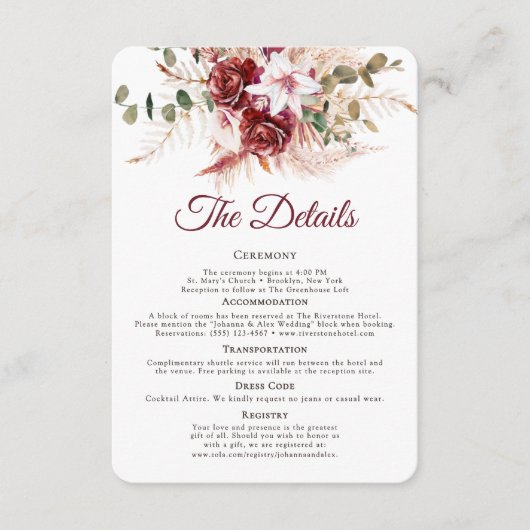 Romantic Burgundy & Blush QR Code Wedding Details  エンクロージャーカード (正面)