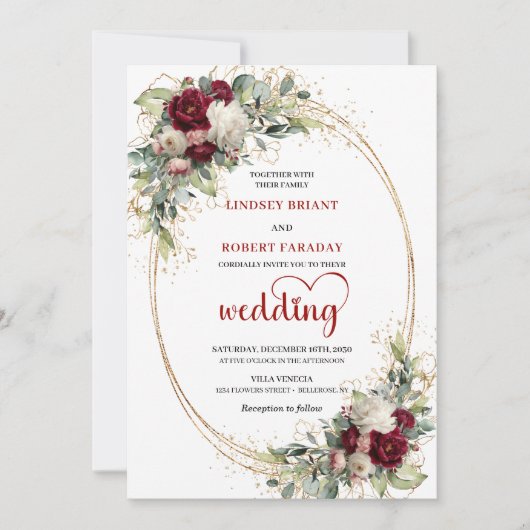 Romantic Burgundy Bohemian Floral Wedding Invite 招待状 (正面)