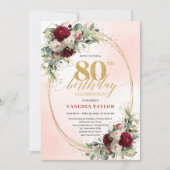 Romantic Burgundy Boho Floral 80th Birthday Invite 招待状 (正面)