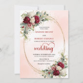 Romantic Burgundy Boho Floral Gold Wedding Invite 招待状 (正面)