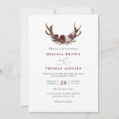 Romantic Burgundy Floral Antlers QR Code Wedding 招待状 (正面)