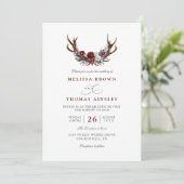 Romantic Burgundy Floral Antlers QR Code Wedding 招待状 (スタンド正面)