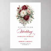 Romantic Burgundy Floral Eucalyptus Gold Welcome  ポスター (正面)