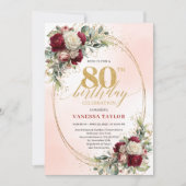 Romantic Burgundy Floral Gold Frame 80th Birthday  招待状 (正面)