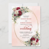Romantic Burgundy Floral Gold Frame Wedding Invite 招待状 (正面)