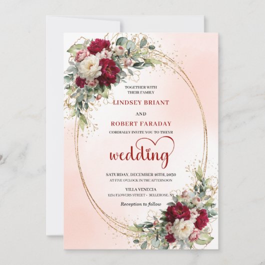 Romantic Burgundy Floral Gold Frame Wedding Invite 招待状 (正面)