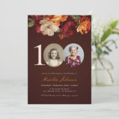 Romantic Burgundy Floral Photo 100th Birthday 招待状 (スタンド正面)