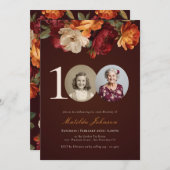 Romantic Burgundy Floral Photo 100th Birthday 招待状 (正面/裏面)