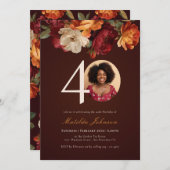 Romantic Burgundy Floral Photo 40th Birthday 招待状 (正面/裏面)