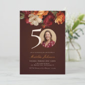Romantic Burgundy Floral Photo 50th Birthday 招待状 (スタンド正面)