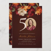 Romantic Burgundy Floral Photo 50th Birthday 招待状 (正面/裏面)