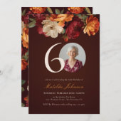 Romantic Burgundy Floral Photo 60th Birthday 招待状 (正面/裏面)