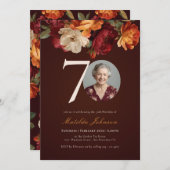 Romantic Burgundy Floral Photo 70th Birthday 招待状 (正面/裏面)