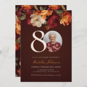Romantic Burgundy Floral Photo 80th Birthday 招待状 (正面/裏面)