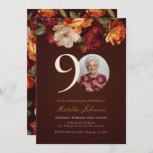 Romantic Burgundy Floral Photo 90th Birthday 招待状 (正面/裏面)