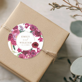 Romantic Burgundy Floral Wedding couple names ラウンドシール
