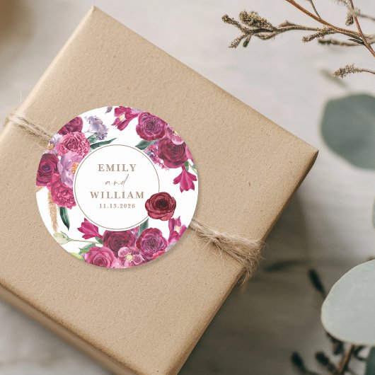 Romantic Burgundy  Floral Wedding couple names ラウンドシール