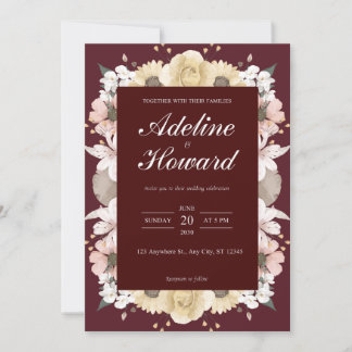Romantic Burgundy Floral Wedding Invitation card 招待状