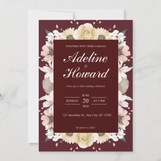Romantic Burgundy Floral Wedding Invitation card 招待状 (正面)