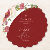 Romantic Burgundy Floral Wedding Thank You Message ペーパーコースター (正面)