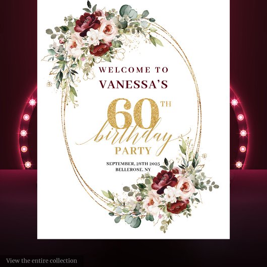 Romantic Burgundy Gold Floral 60th Birthday Banner タペストリー