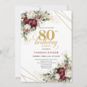 Romantic Burgundy Gold Flowers 80th Birthday 招待状 (正面)