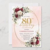 Romantic Burgundy Watercolor Flowers 80th Birthday 招待状 (正面)