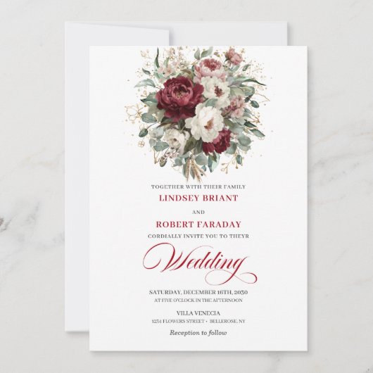 Romantic Burgundy White Floral Eucalyptus Wedding  招待状 (正面)