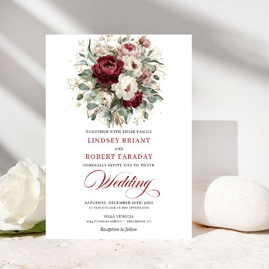 Romantic Burgundy White Floral Eucalyptus Wedding  招待状