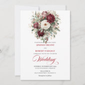 Romantic Burgundy White Floral Gold Wedding Invite 招待状 (正面)