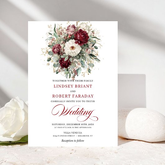 Romantic Burgundy White Floral Gold Wedding Invite 招待状