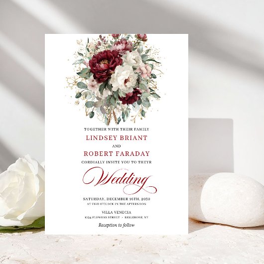 Romantic Burgundy White Flowers Wedding Invitation 招待状