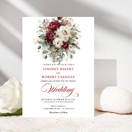 Romantic Burgundy White Gold Frame Wedding Invite 招待状
