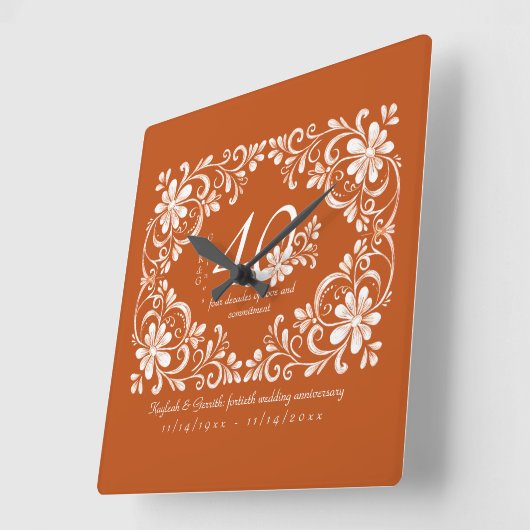 Romantic Burnt Orange Decade 40 Anniversary Floral スクエア壁時計 (傾斜)