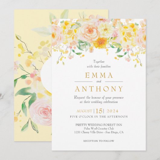 Romantic Butter Yellow Floral QR Code Wedding 招待状 (正面/裏面)