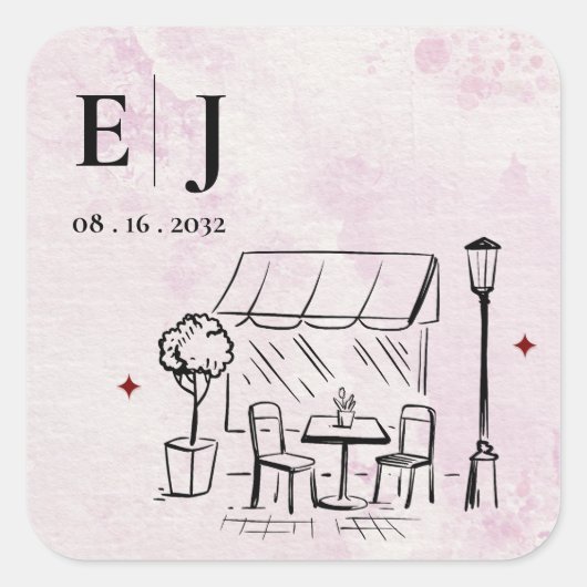 Romantic Café Illustration Wedding Monogram スクエアシール (正面)