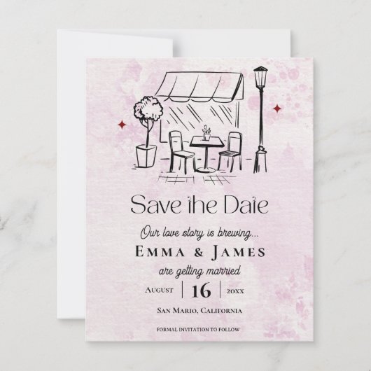 Romantic Café Illustration Wedding Save the Date (正面)