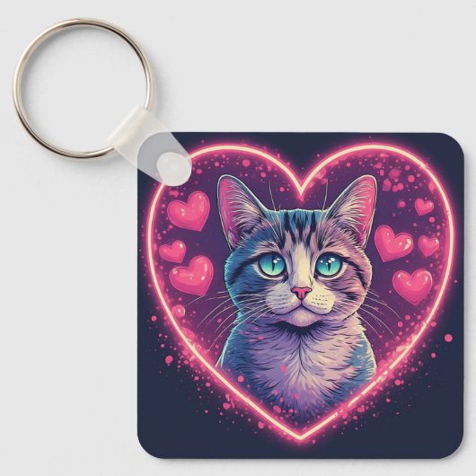 Romantic Cat Lover Gift | Aesthetic Neon Animal キーホルダー (正面)