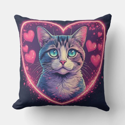 Romantic Cat Lover Gift | Aesthetic Neon Animal クッション (正面)